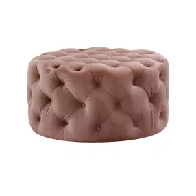 33" Blush Velvet And Black Rolling Tufted Round Cocktail Ottoman