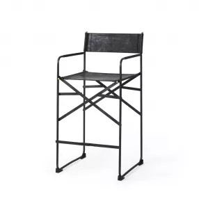 29" Brown And Black Leather And Iron Bar Chair