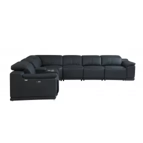 Black Italian Leather Power Reclining U Shaped Seven Piece Corner Sectional With Console