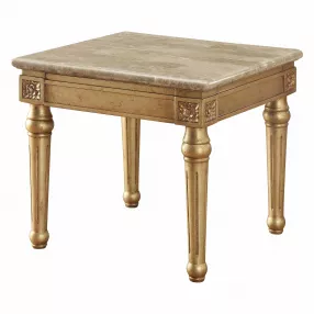 24" Antique Gold And White Faux Marble Mirrored End Table