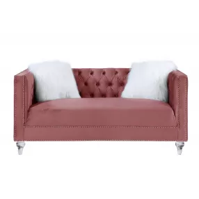 65" Pink And Silver Velvet Love Seat and Toss Pillows