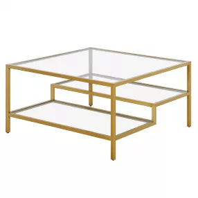 32" Gold Glass And Steel Square Coffee Table With Two Shelves