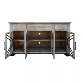 Brown solid manufactured wood distressed credenza with cabinetry shelving and drawers