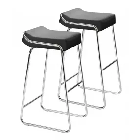 Set of Two 32" Black And Silver Faux Leather And Steel Backless Bar Height Bar Chairs