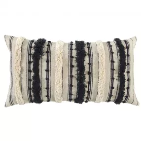 Black eyelash fringe textured lumbar pillow with patterned design