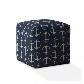 17" Blue And Gray Twill Anchor Pouf Ottoman