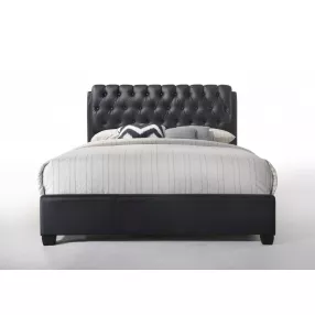Queen Tufted Black Upholstered Faux Leather Bed With Nailhead Trim