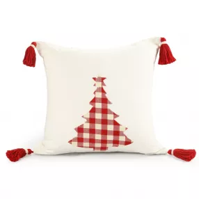 20" X 20" Red and White Christmas Tree Cotton Zippered Pillow With Tassels