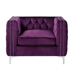 35" Purple And Silver Velvet Tufted Club Chair