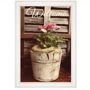 Rustic Welcome Roses White Framed Print Wall Art