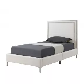 White Solid Wood Full Upholstered Faux Leather Bed with Nailhead Trim