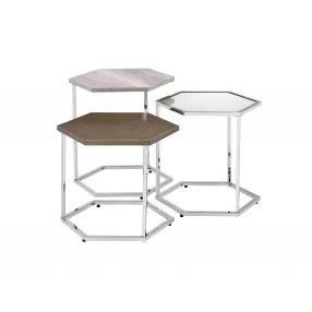 17" Chrome And Taupe Manufactured Wood And Metal Hexagon Nested Coffee Tables