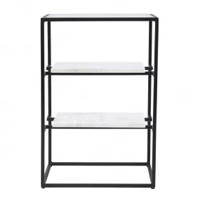 24" Black Glass and Marble Rectangular End Table With Two Shelves