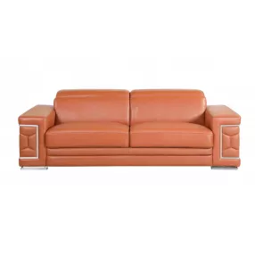 89" Camel And Silver Italian Leather Sofa