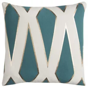Teal ivory geometric linework throw pillow with symmetrical pattern and electric blue accents