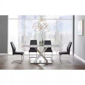 71" White Marble And Silver Rectangular Marble And Stainless Steel Dining Table