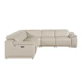 Beige Italian Leather Power Reclining U Shaped Five Piece Corner Sectional With Console