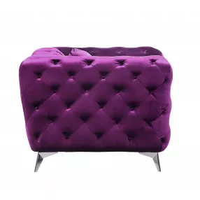Purple fabric black tufted armchair with a comfortable violet rectangle design