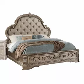 Solid Wood King Tufted Champagne Upholstered Faux Leather Bed With Nailhead Trim