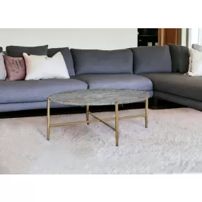 48" Gray And Champagne Faux Marble And Metal Oval Coffee Table