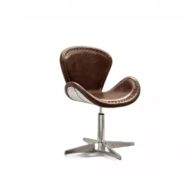 25" Brown And Silver Faux Leather Distressed Swivel Side Chair