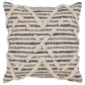 18" X 18" Blue and Beige Striped Cotton Zippered Pillow