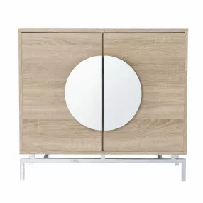 Mirrored circle double door bar cabinet with wood stain and hardwood details