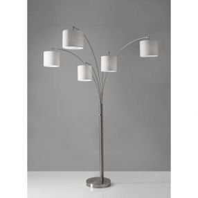 FIVE LIGHT FLOOR LAMP ARC ARMS AND PETITE WHITE DRUM SHADES