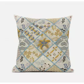 cream patch suede zippered throw pillow with artistic pattern and bedding linens