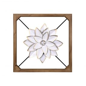 Wood Framed White Metal Flower Wall Décor