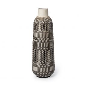 14" Black and Cream Organic Glaze Chevron Embossed Ceramic Vase
