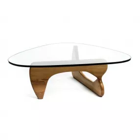 50" Clear And Brown Glass And Solid Wood Triangle Coffee Table