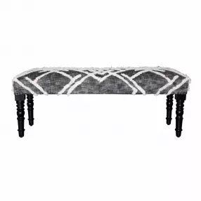 47" Gray And White Geometric Cotton Upholstered Distressed Bench