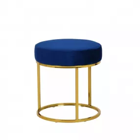 16" Blue Velvet And Gold Round Footstool Ottoman