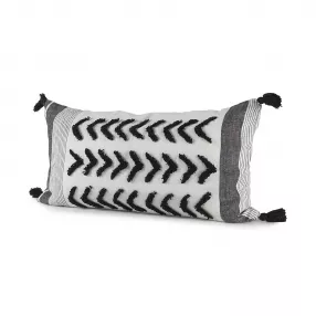 White and gray fringed lumbar pillow cover with patterned design for outdoor furniture