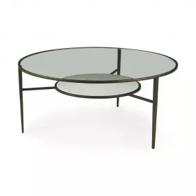 36" Clear And Bronze Glass And Metal Round Coffee Table With Shelf
