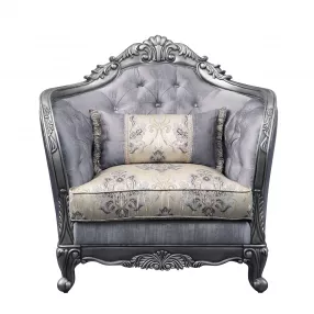 43" Light Gray Fabric And Platinum Floral Tufted Arm Chair