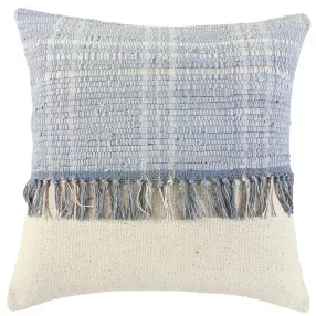 ivory blue block tasseled throw pillow with aqua and grey accents on textile background