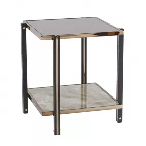 24" Champagne Glass And Iron Square Mirrored End Table With Shelf