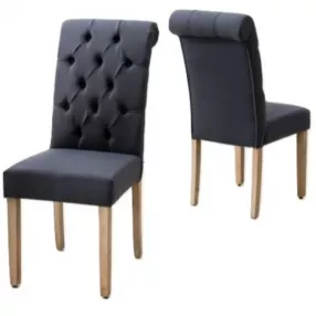 Tufted linen fabric modern dining chair with wood armrests and hardwood legs