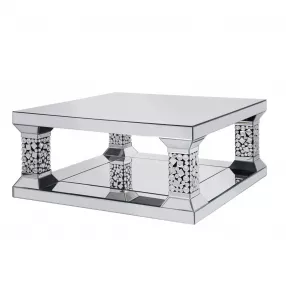 40" Silver Glass Square Mirrored Coffee Table With Shelf