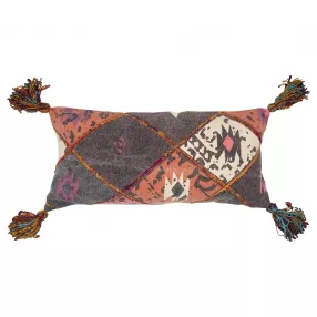 Gray tribal corner tasseled lumbar pillow with patterned design and artistic elements