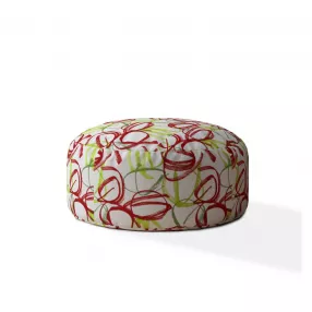 24" Red And White Cotton Round Abstract Pouf Ottoman