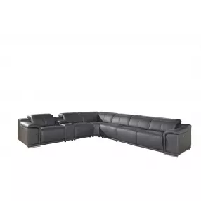 Gray Italian Leather Power Reclining U Shaped Seven Piece Corner Sectional With Console