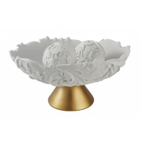 9" Matte Gold And White Polyresin Decorative Bowl With Orbs