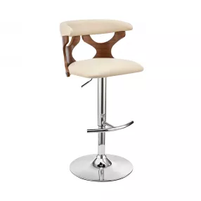 25" Cream And Silver Faux Leather And Iron Swivel Adjustable Height Bar Chair