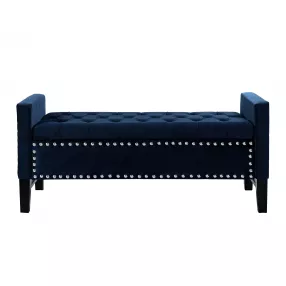 50" Navy Blue and Black Upholstered Velvet Bench with Flip top, Shoe Storage