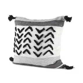 White and gray fringed throw pillow cover with geometric pattern