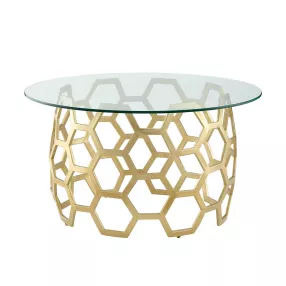 32" Clear And Gold Glass And Iron Round Coffee Table