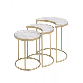 24" Gold And Faux Marble Paper Veneer And Metal Round Nested Coffee Tables